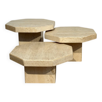 Set de 3 tables en travertin octogonal 1970