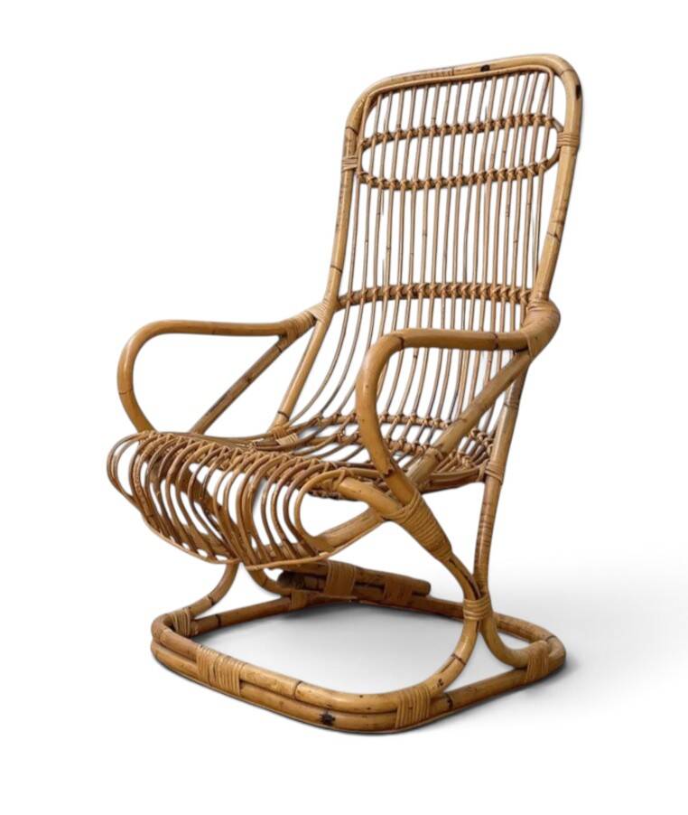 Vintage bamboo rattan armchair Tito Agnoli circa 1960