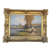 Huile sur toile « Scène pastorale aux moutons » – Brigitte Langevin