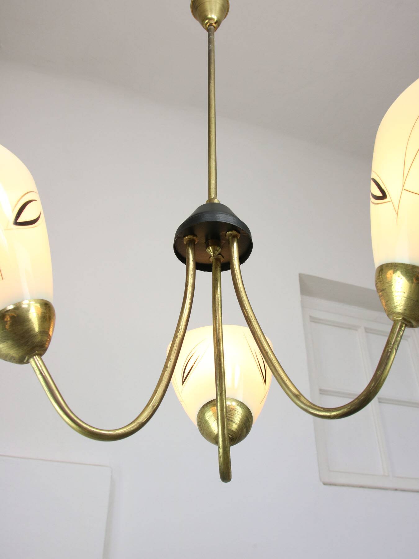 Italian Art Deco Chandelier in Brass and Yellow Glass, 1940s