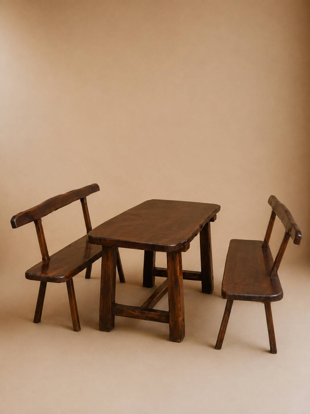 Dining table + 2 brutalist benches in vintage 1950s elm.
