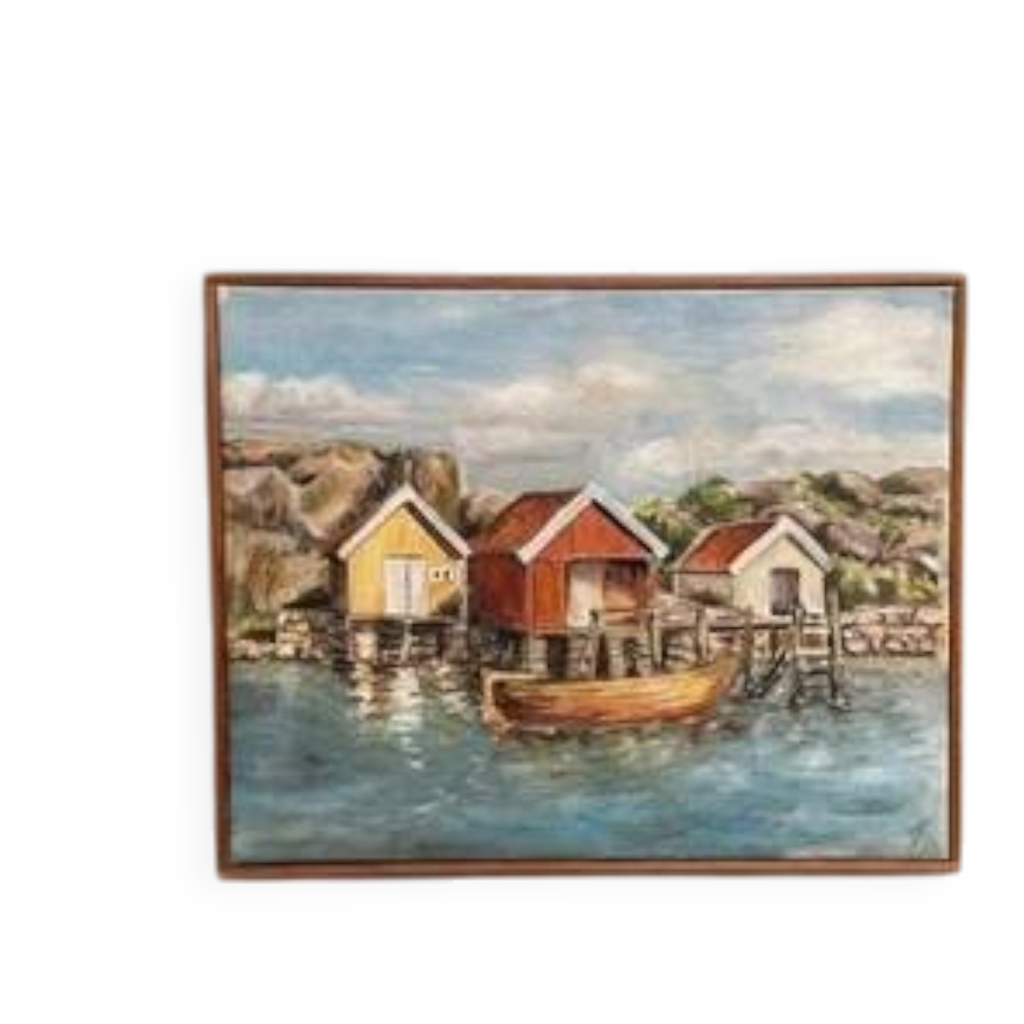 Mid-Century Oil on Canvas “houses with Boat” by Unknown, Vintage & Framed