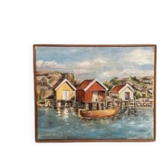 Huile sur toile du milieu du siècle "maisons avec bateau" par inconnu, vintage et encadrée.