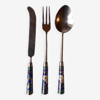 Knife, fork, small spoon for breakfast in cloisonné enamel