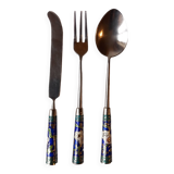 Knife, fork, small spoon for breakfast in cloisonné enamel
