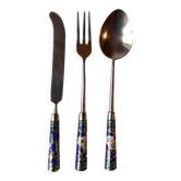 Knife, fork, small spoon for breakfast in cloisonné enamel