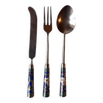 Knife, fork, small spoon for breakfast in cloisonné enamel