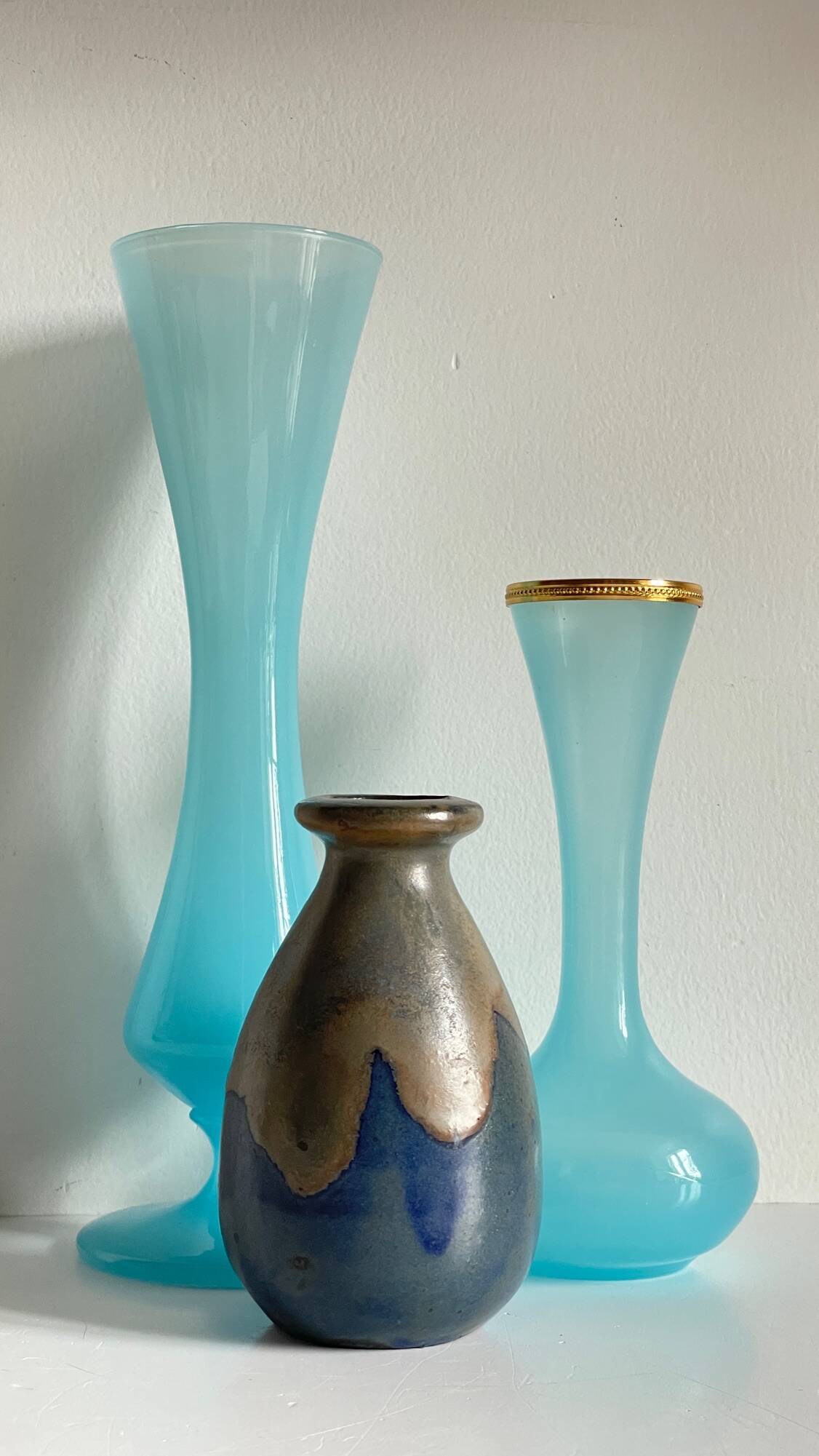 3 VASES Bleu Océan Grès et Verre OPALIN Vintage