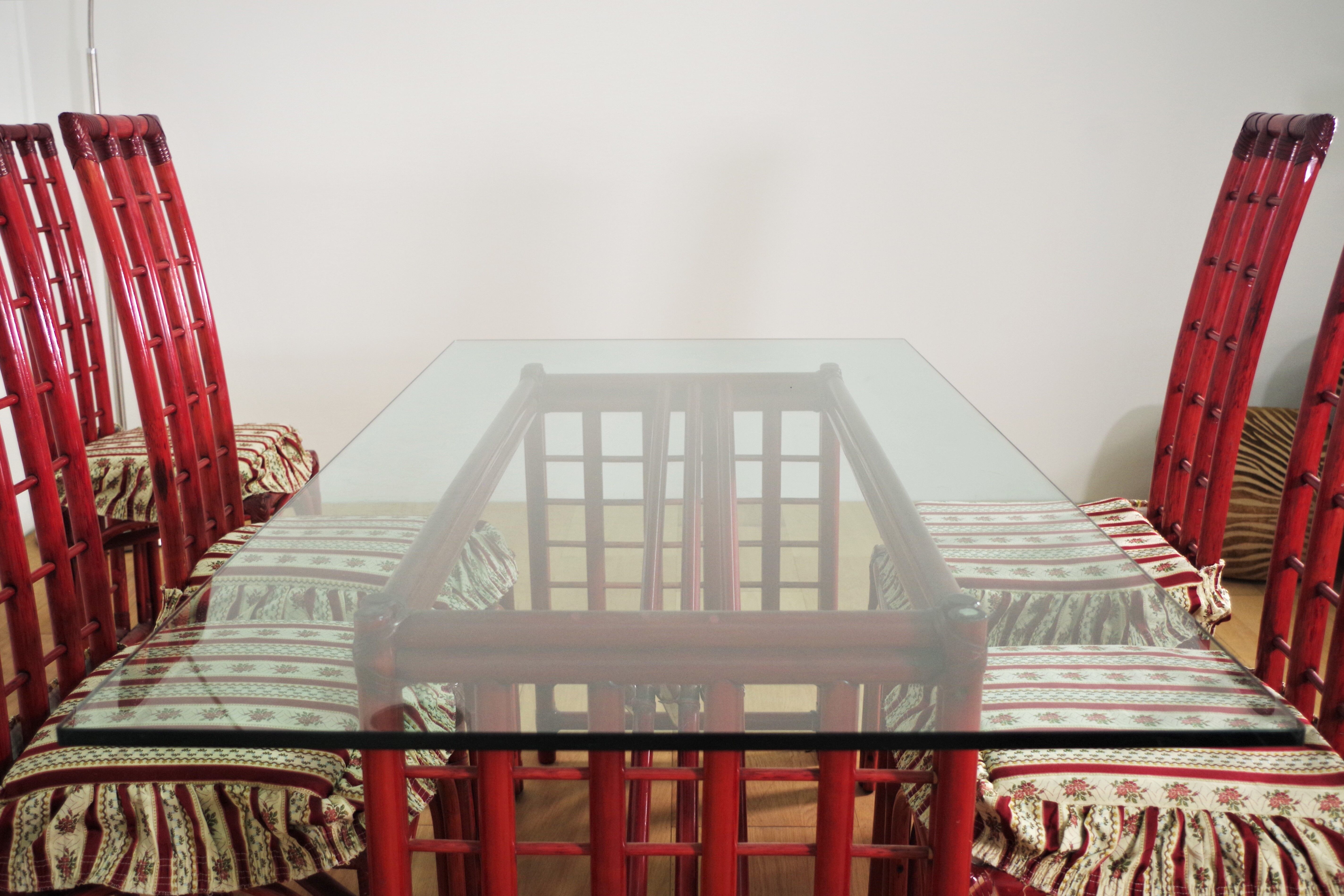 Red bamboo table by Arturo Pozzoli, 1980s, set of 7