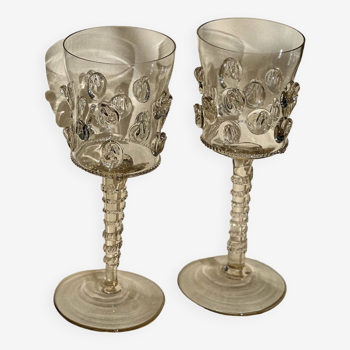 pair of blown wine glasses - green