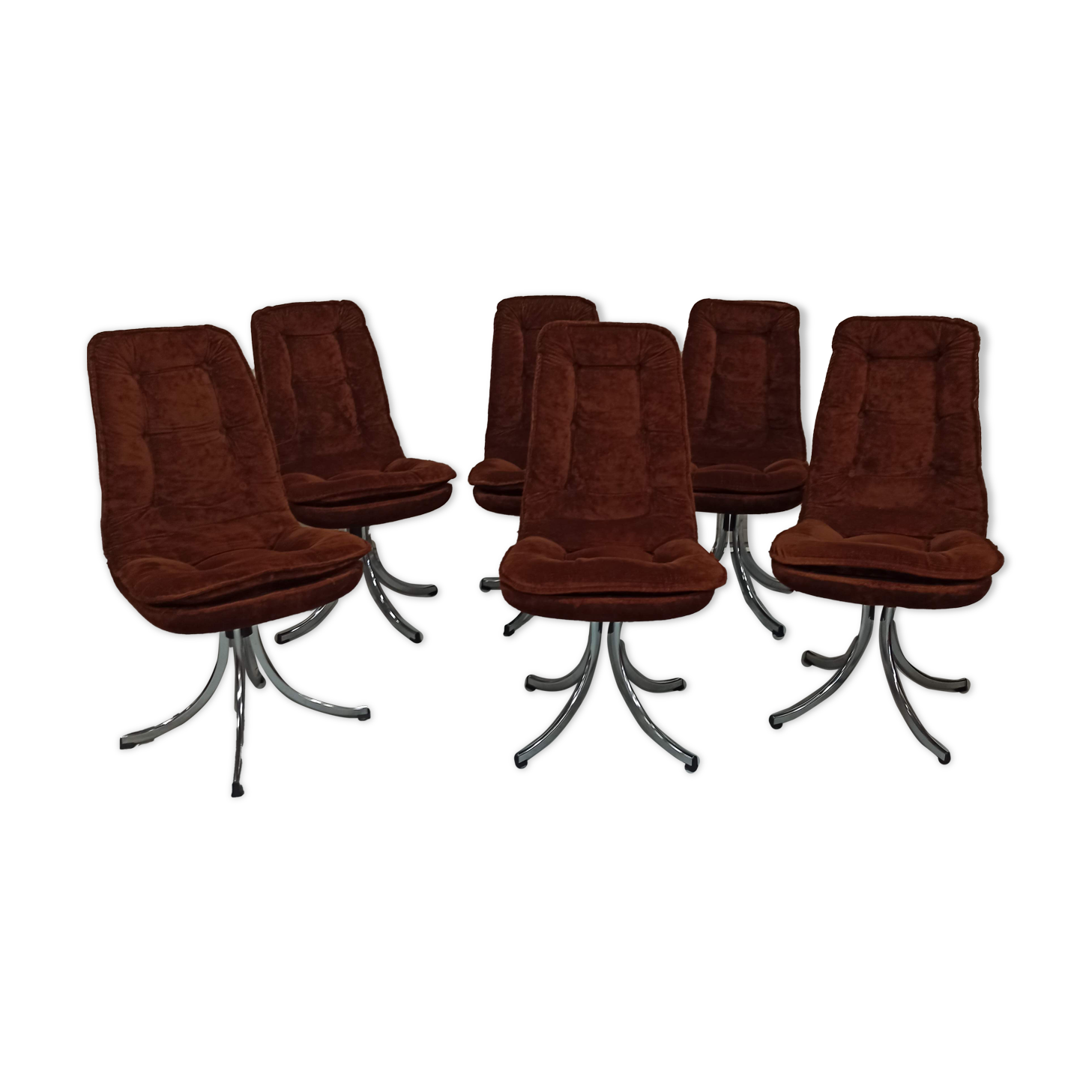 Set of 6 chrome velvet bucket chairs from the 70s