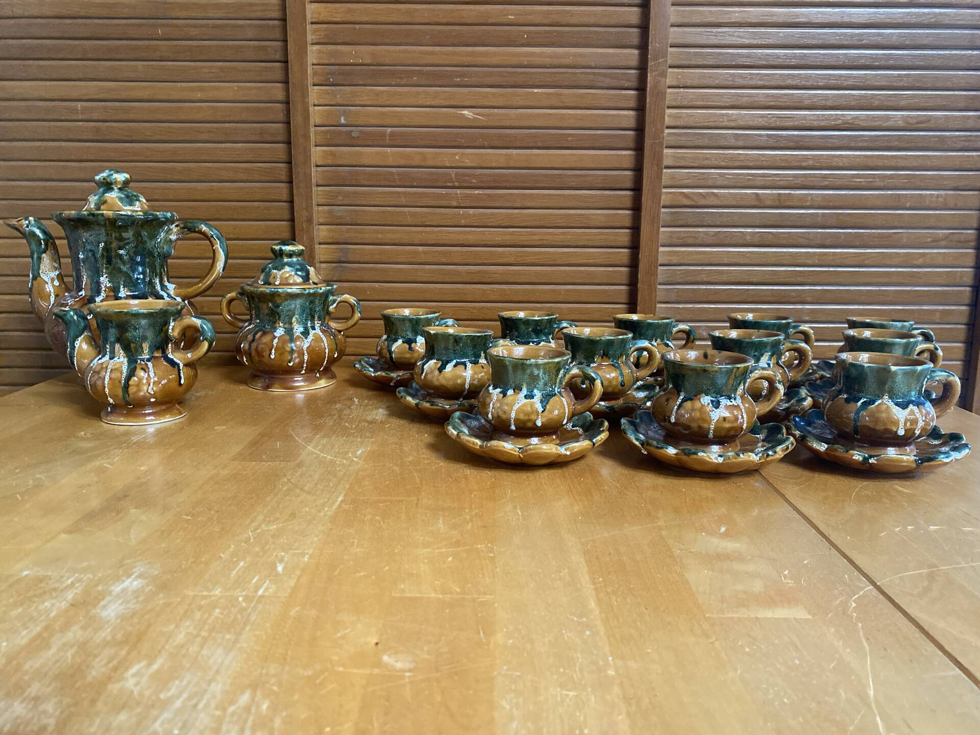 Vintage French café service set, 27 pieces, old pottery from Maine.