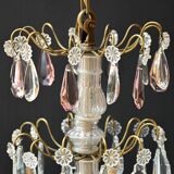 Chic lustre à pampilles bronze doré 6 feux enfilage verre ancien