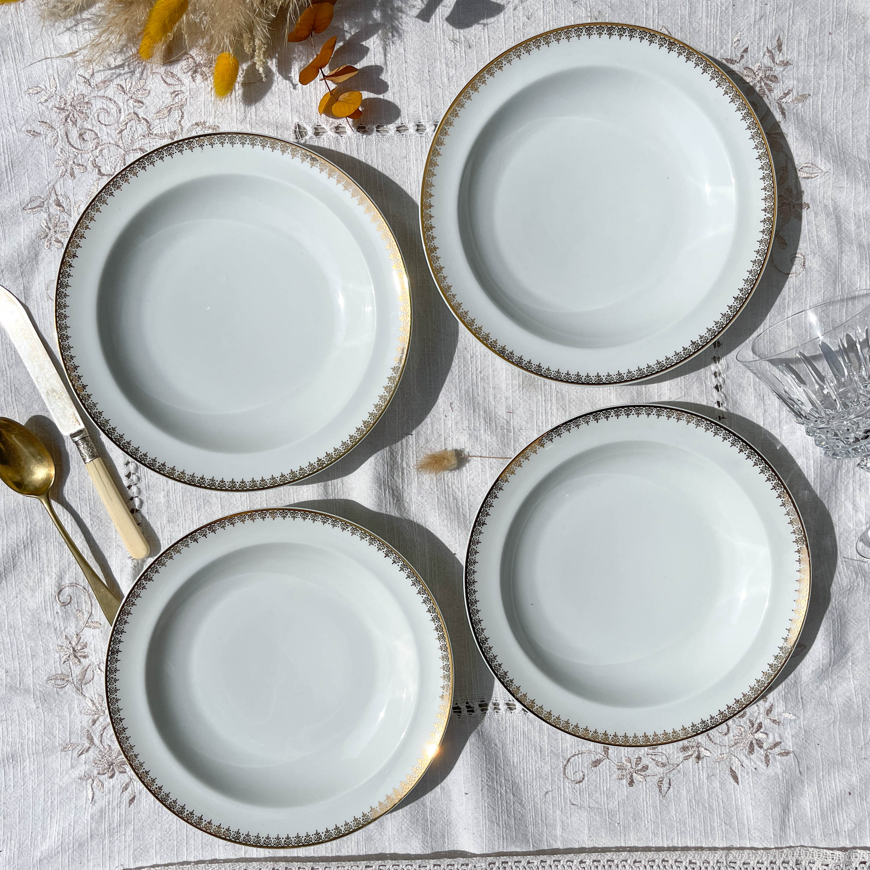 4 hollow plates porcelain white gilded limoges lafarge & c
