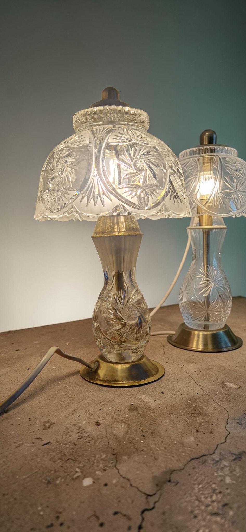 Pair of cut crystal and brass lamps - European production 1950