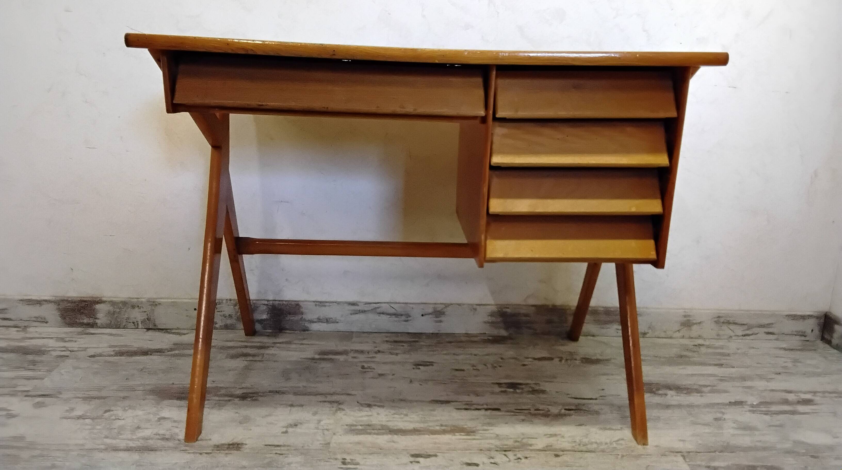 Bureau vintage pieds compas et sa chaise années 50/60