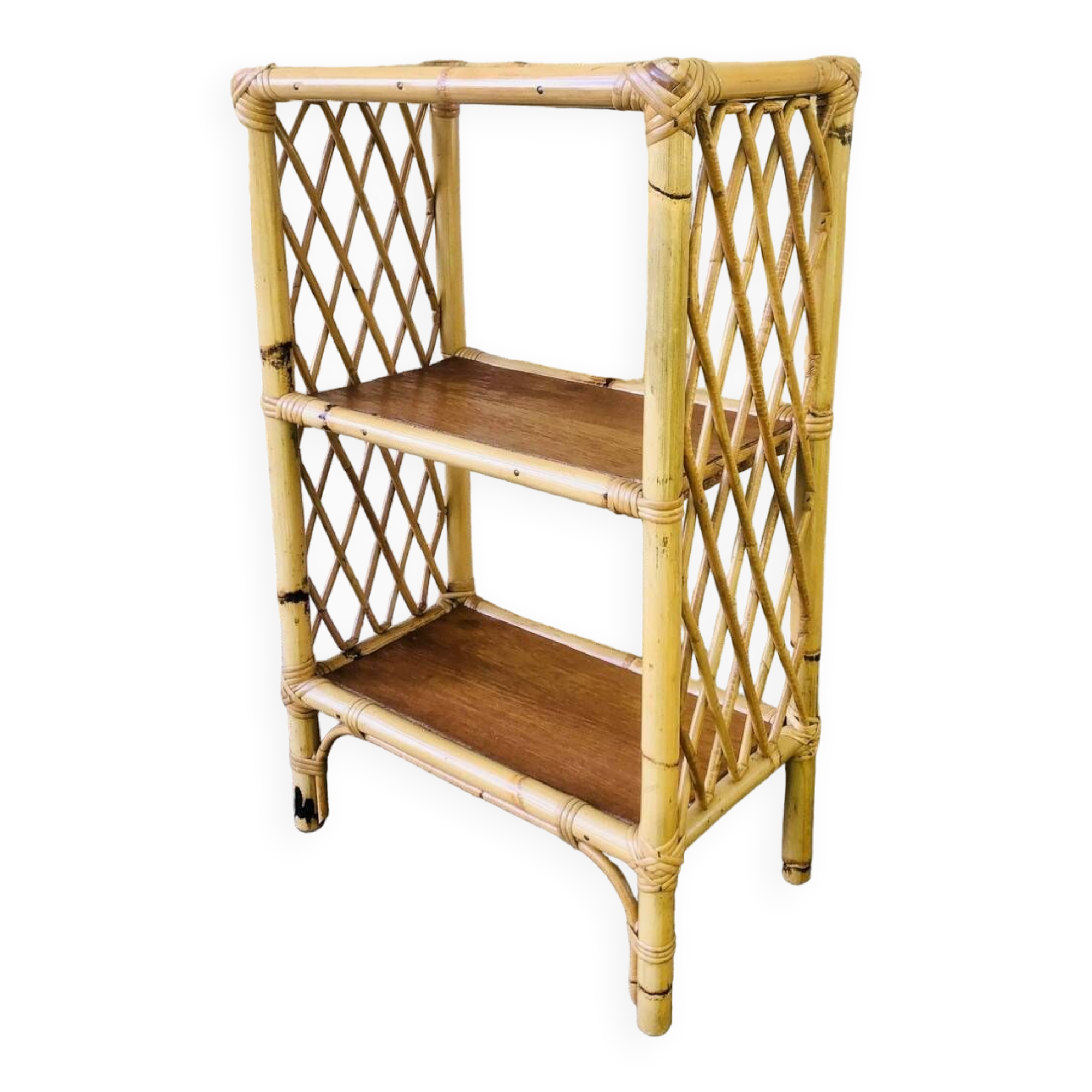 Wall shelf blond wood, bamboo, vintage rattan