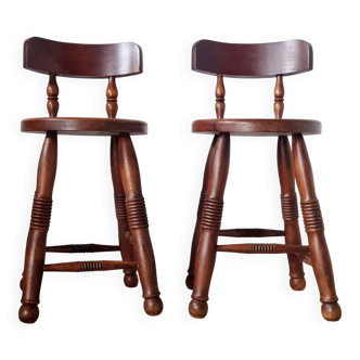 Pair of stool chairs - oak - folk art - brutalist