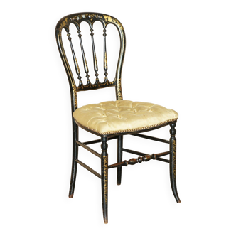 Regency Antique 1815 Occasional Chair in Ebonised Wood, Mother of Pearl, Silk and Chesterfield Upholstered Seat