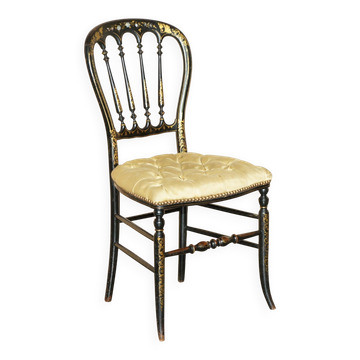 Chaise d'Appoint Regency Antique 1815 en Bois Ébonisé, Nacre, Soie et Siège Chesterfield Capitonné