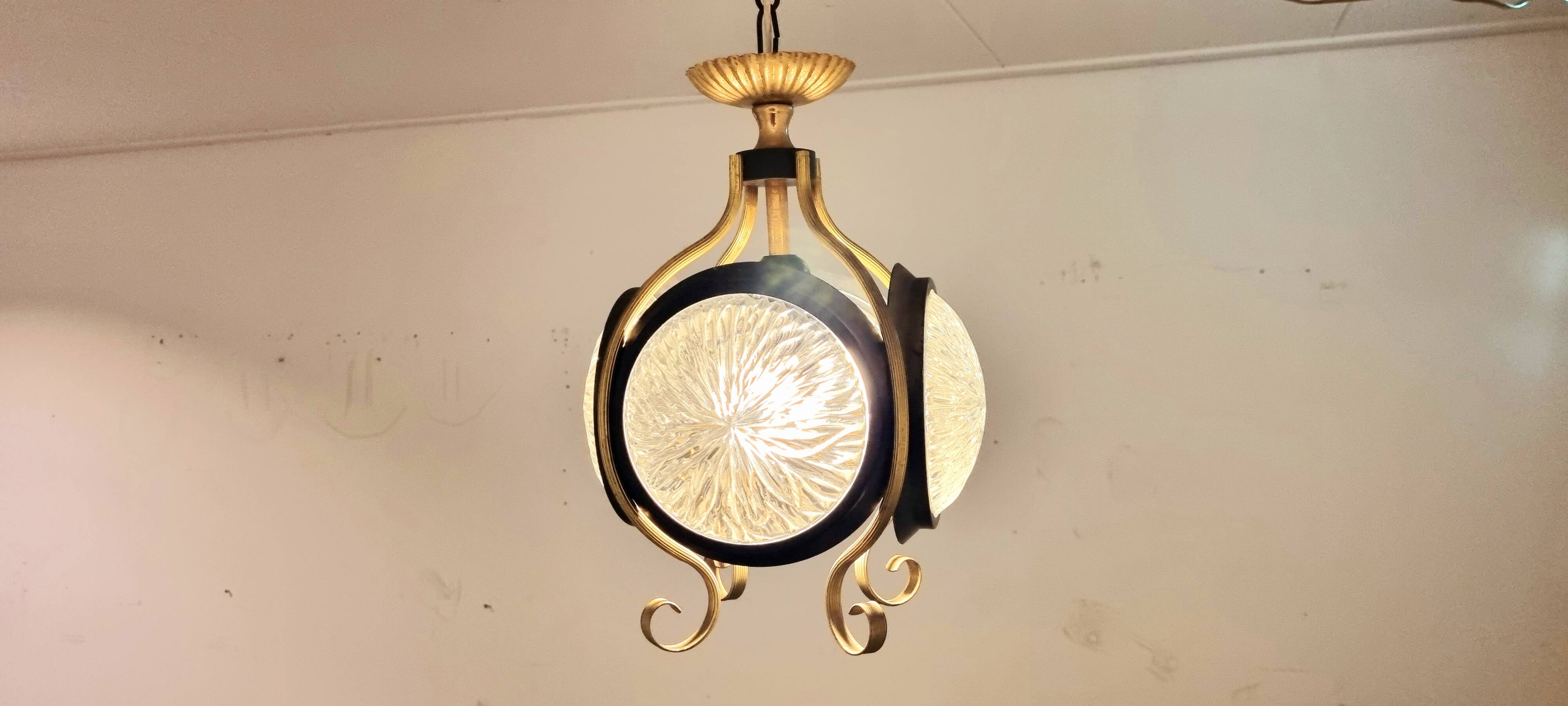 1960s glass brass pendant, frivolous lantern lamp