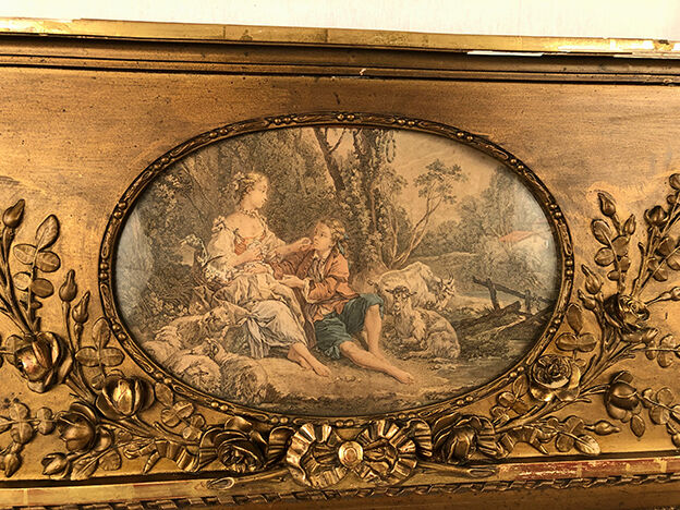 Louis XVI style trumeau in wood and gilded stucco and medallion engraving in the upper part