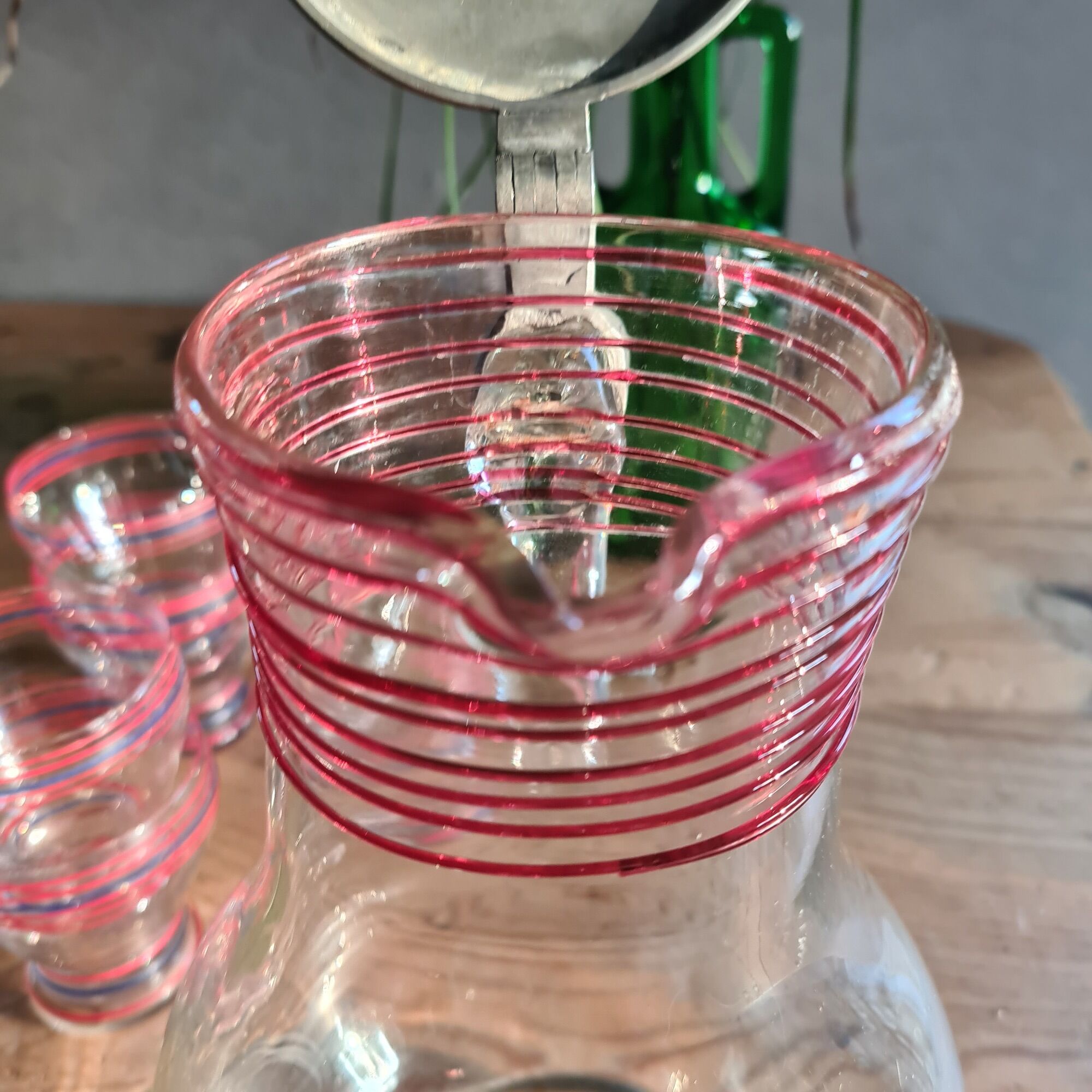Blowing glass decanter with tin lid decorated with a rooster