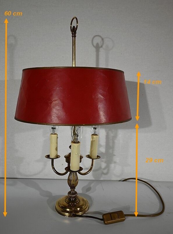 Brass bouillotte lamp with red lampshade, Louis XVI – XXth style