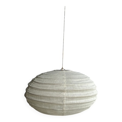 Suspension en rotin et lin naturel japonisante ovale aplatie H30 D4