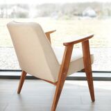 Fauteuil Lounge Vintage Crème Blanche Tissu Bois Naturel Design Scandinave