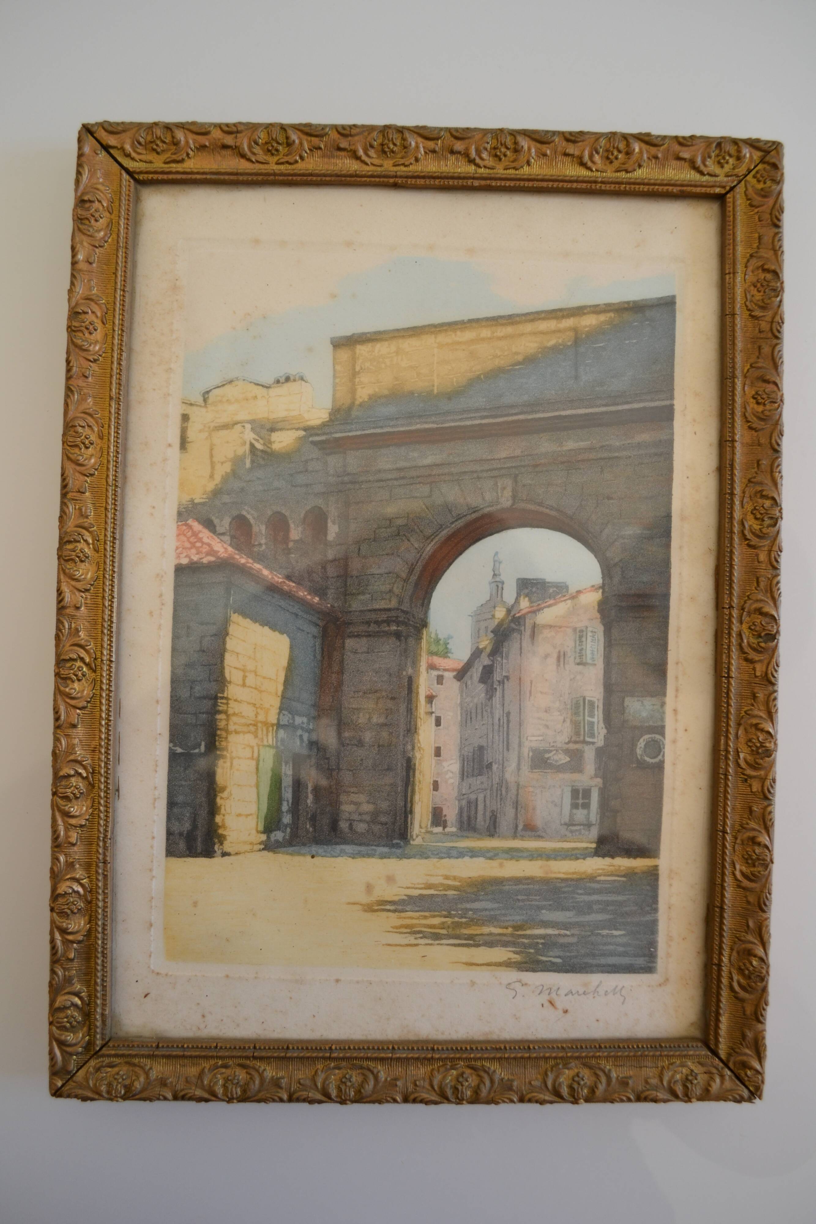 The Rhône Gate in Avignon around 1900, aquatint engraving signed.