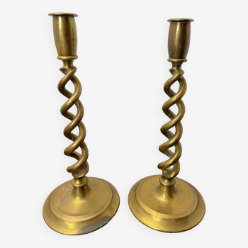 Old pair of twisted brass candlesticks