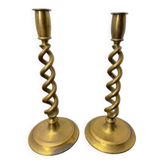 Old pair of twisted brass candlesticks