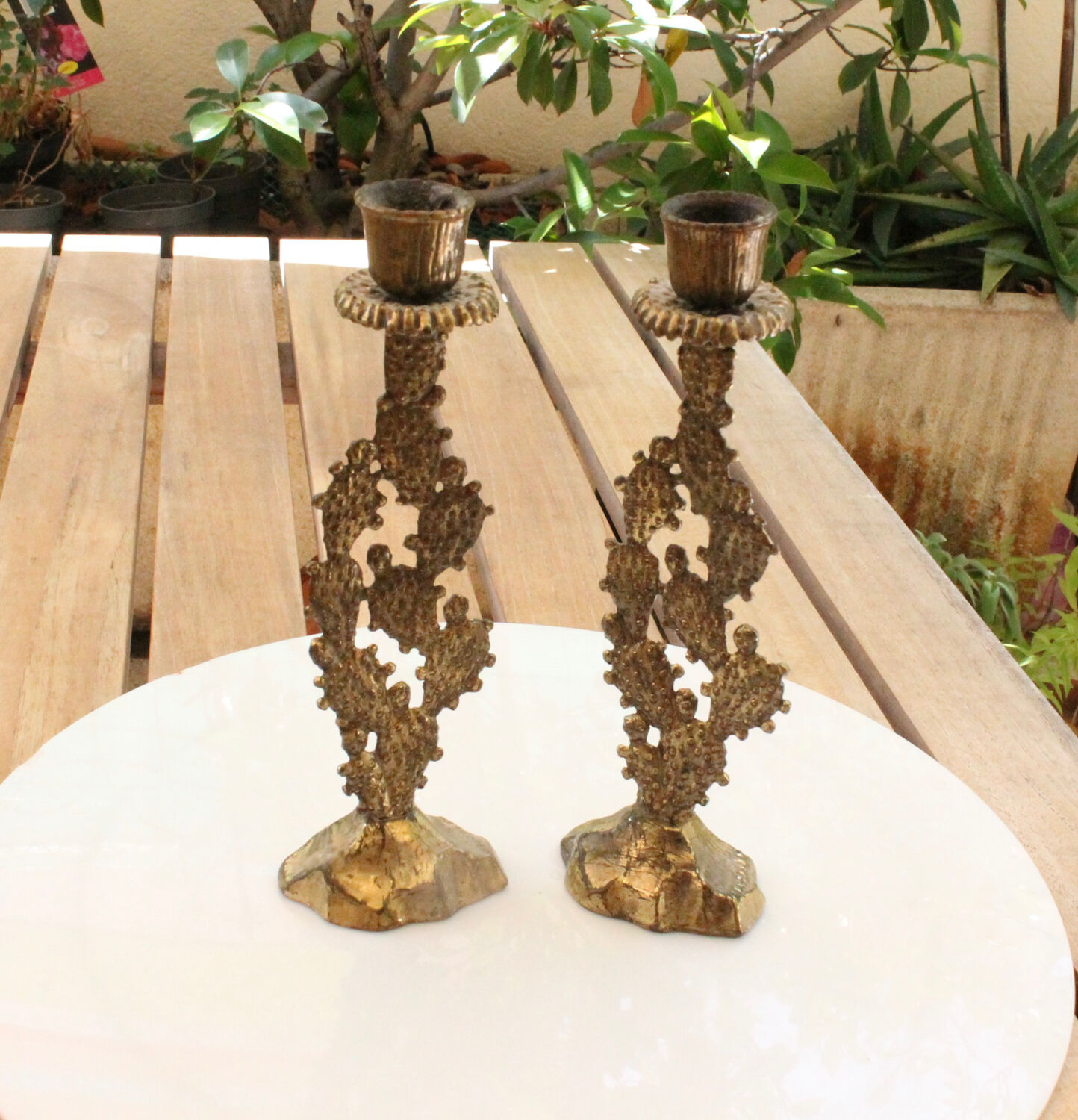 Old pair of vintage Hein Holon Israel cactus candlesticks