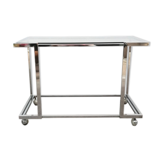 Designer trolley in chrome metal and smoked glass on wheels, vintage 1970