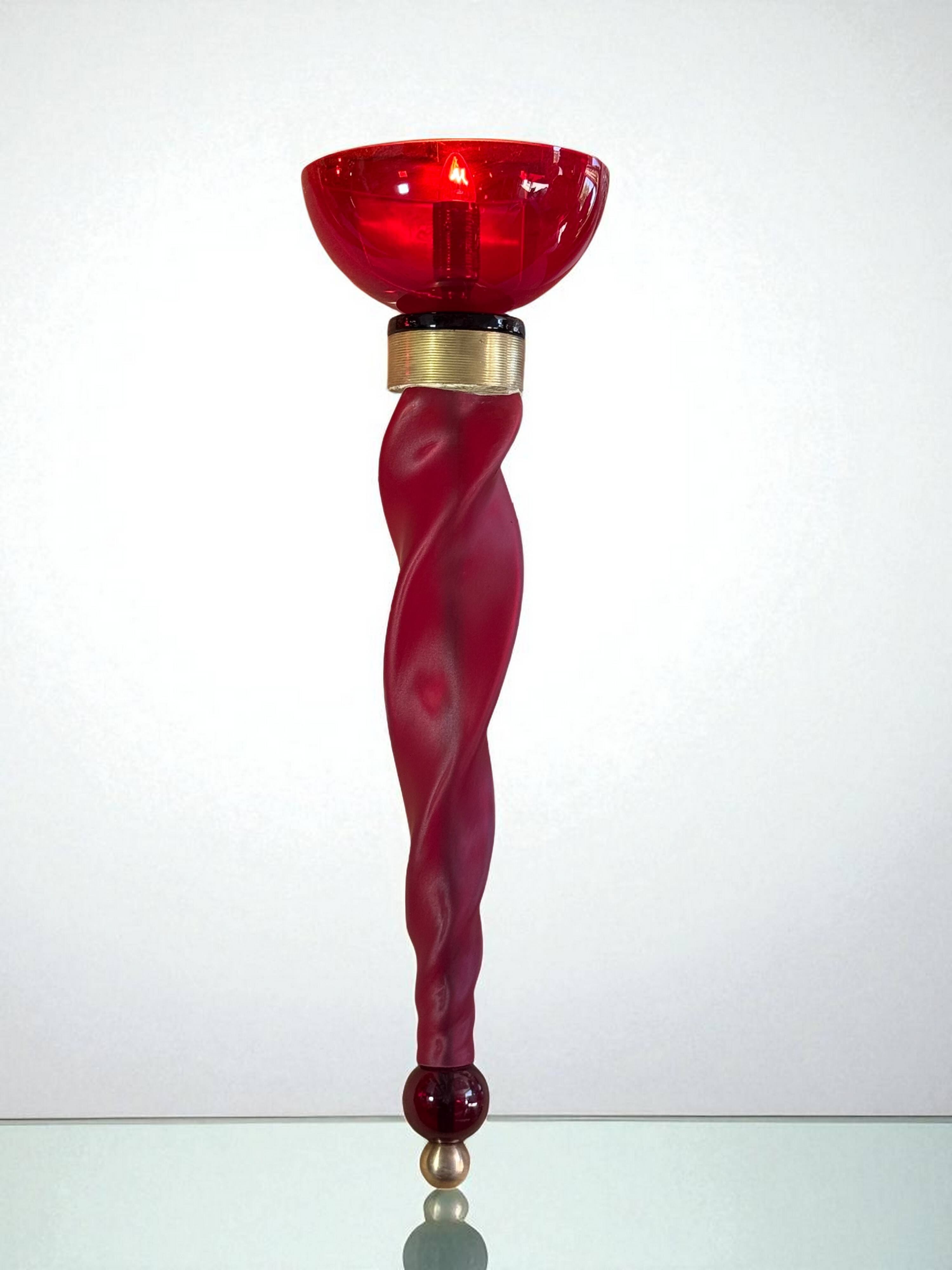 Pair of 62 cm murano torchere wall lights in red tinted glass and brass