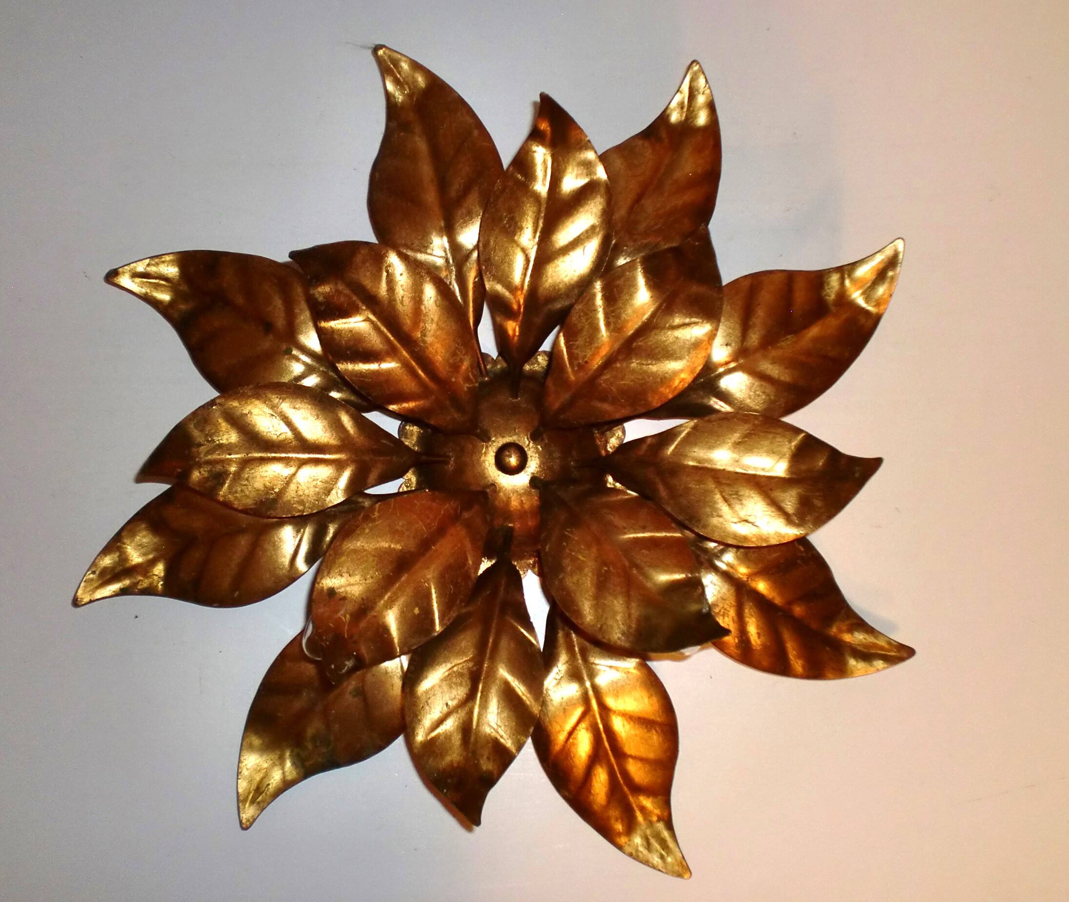 Pair of Florentine Wall Lamps / Ceiling Lights Golden Metal Leaves