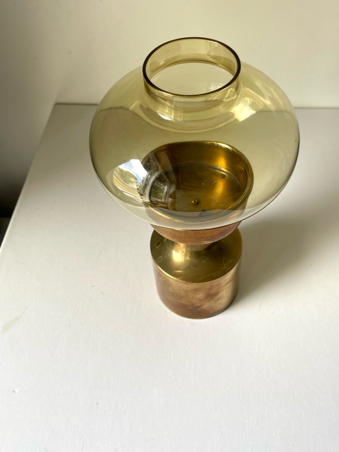 Danish design 1960 hurricane candleholder in brass and amber colored glass