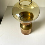 Danish design 1960 hurricane candleholder in brass and amber colored glass