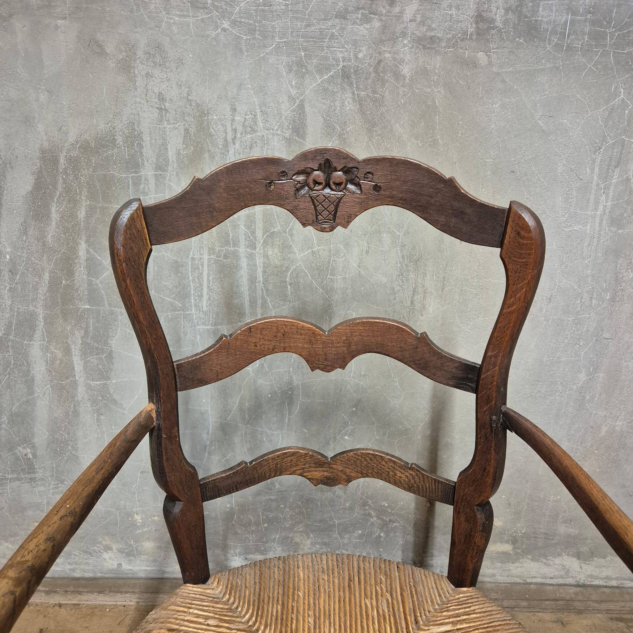 French provincial oak armchair with woven seat, early 20th century, France