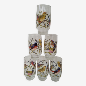 6 verres vintage Luminarc motif oiseaux