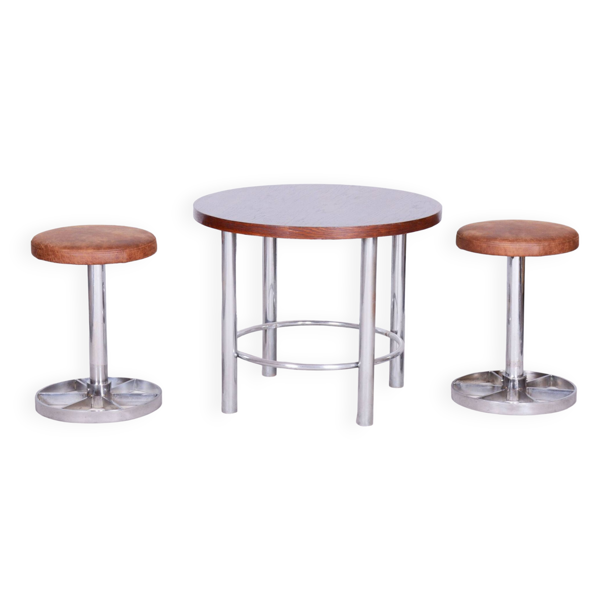 Pair of Bauhaus Chrome-Plated Steel Stools, Brown Leather, Czech, 1930-1939