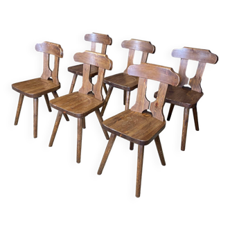 Ensemble de 6 chaises de chalet en bois sculpté années 60 France