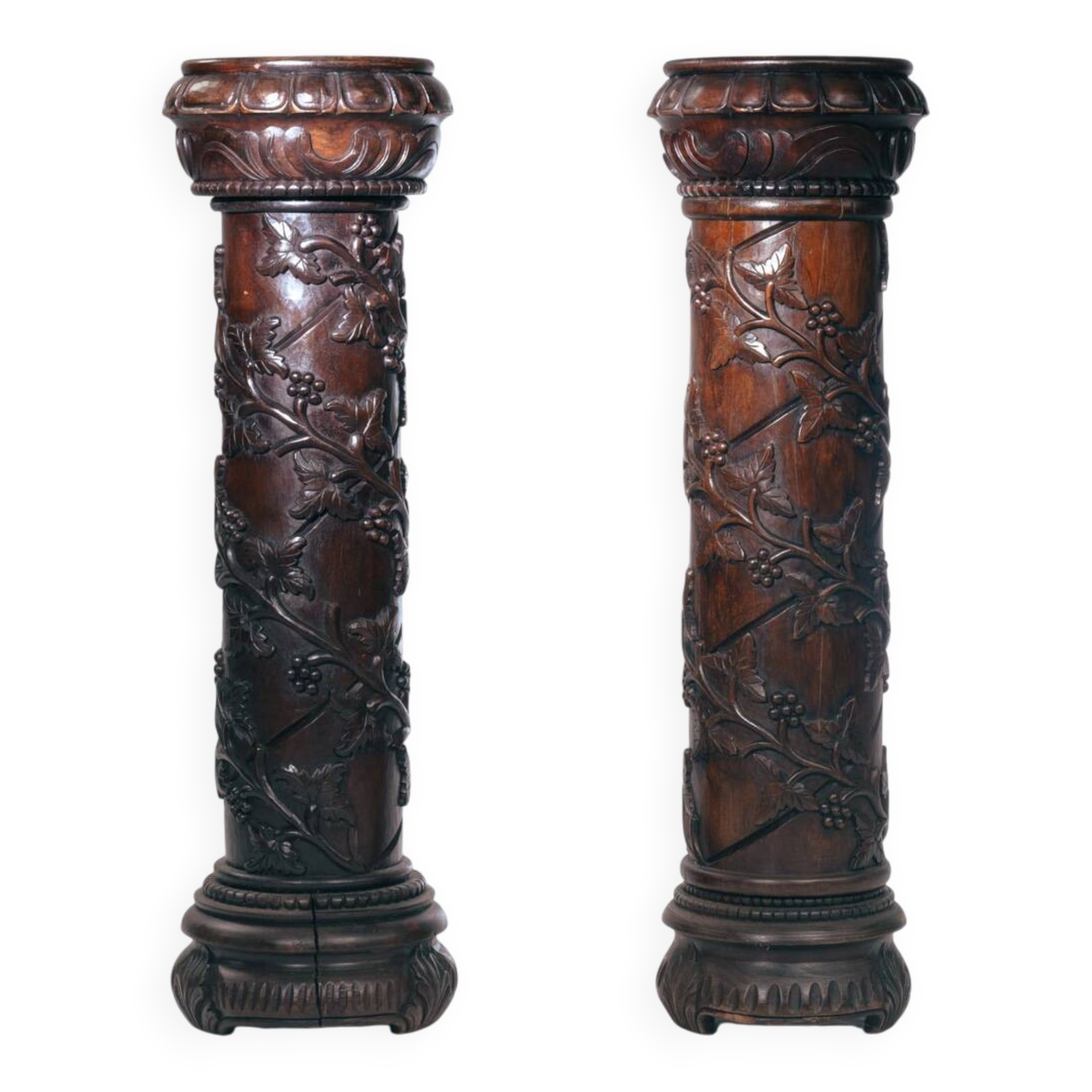 2 piédestaux en bois avec motif de vigne sculpté à la main, France années 1950