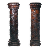 2 wooden pedestals column with Hand-Carved Grapevine Motif, France 1950s