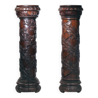 2 wooden pedestals column with Hand-Carved Grapevine Motif, France 1950s