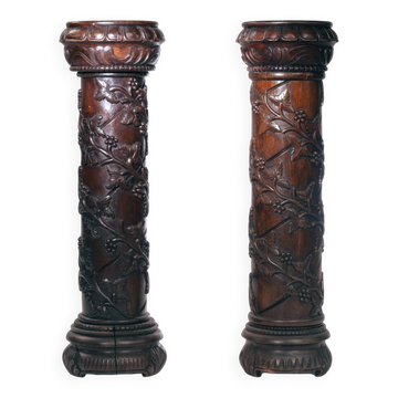 2 wooden pedestals column with Hand-Carved Grapevine Motif, France 1950s