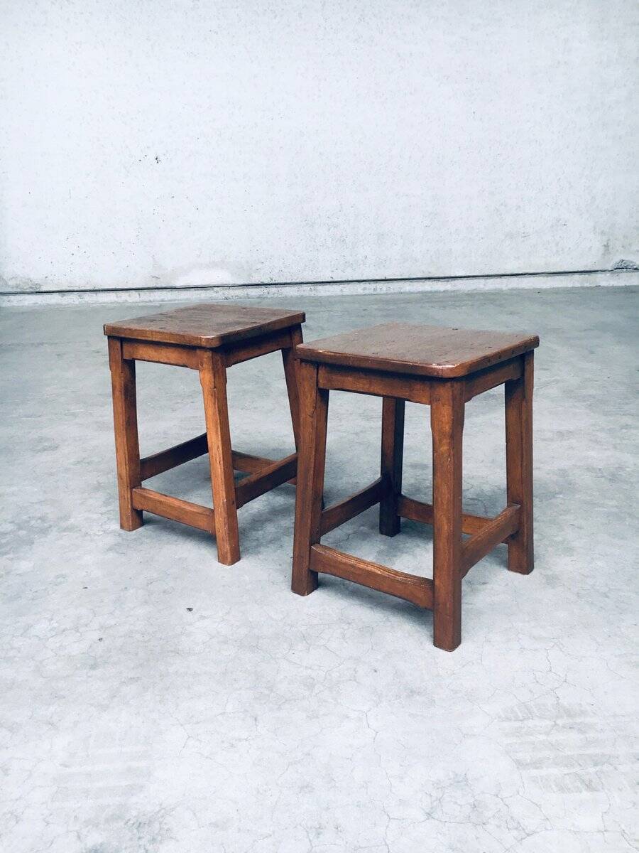 Set of Belgian Handcrafted Wooden Stools, 1940s