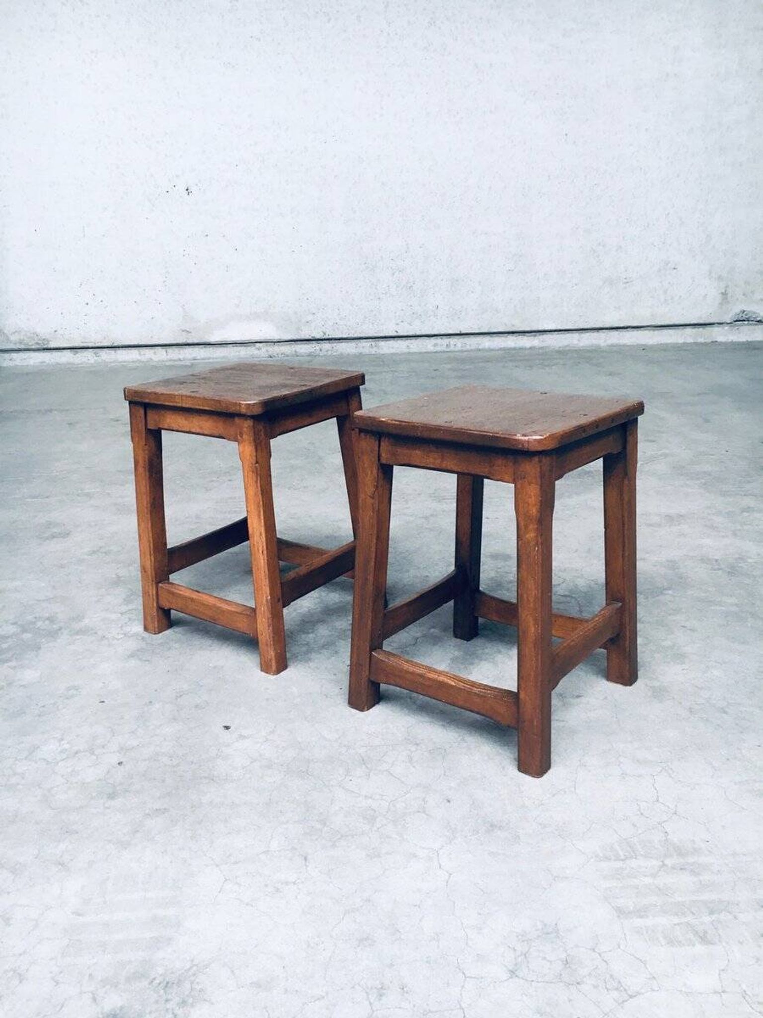 Set of Belgian Handcrafted Wooden Stools, 1940s