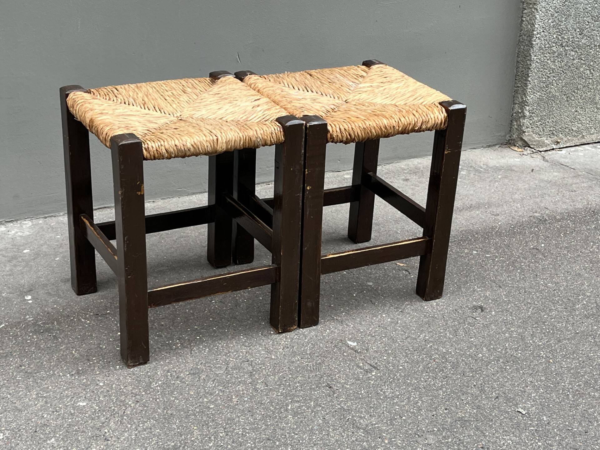 Pair of vintage straw-seat stools